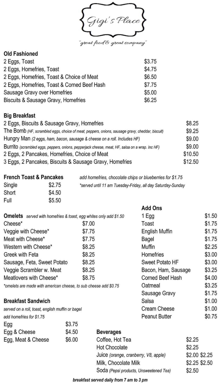 Gigi's Place menu page 1